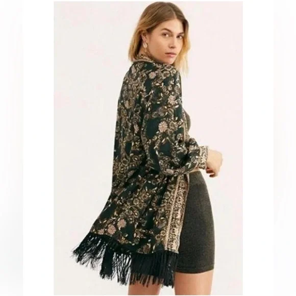 Free People Kaelin Embroidered Floral Fringe Kimono Open Jacket Size M - Picture 5 of 15